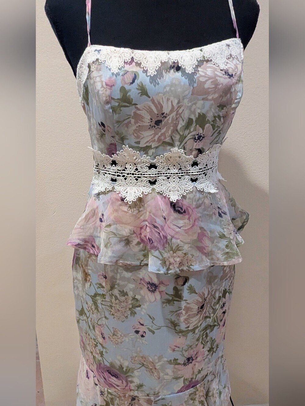NWT Missguided Floral Chiffon Midi Dress Women’s 6 Blue Lace Ruffle Cottagecore